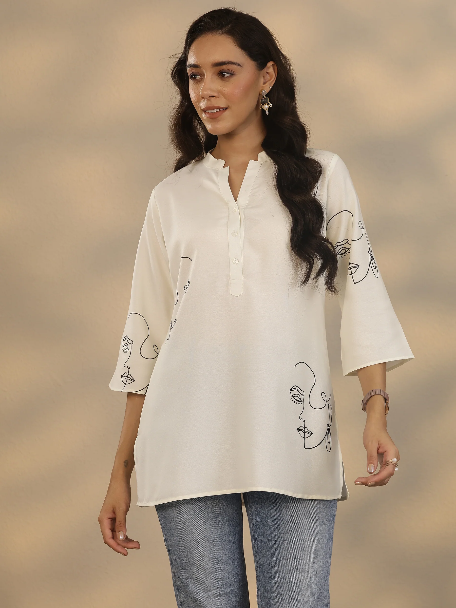 White Printed Viscose Rayon Short Kurti